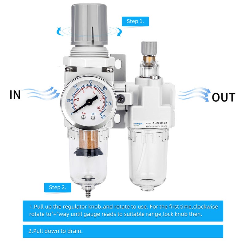 NANPU 1/4" NPT Compressed Air Filter Regulator Lubricator Combo Water/Oil Trap Separator - Gauge(0-150 psi), Poly Bowl, Semi-Auto Drain, Bracket - 3 in 1 Two Unit - Image 5